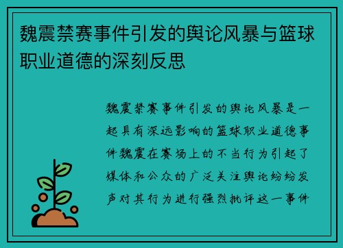 魏震禁赛事件引发的舆论风暴与篮球职业道德的深刻反思